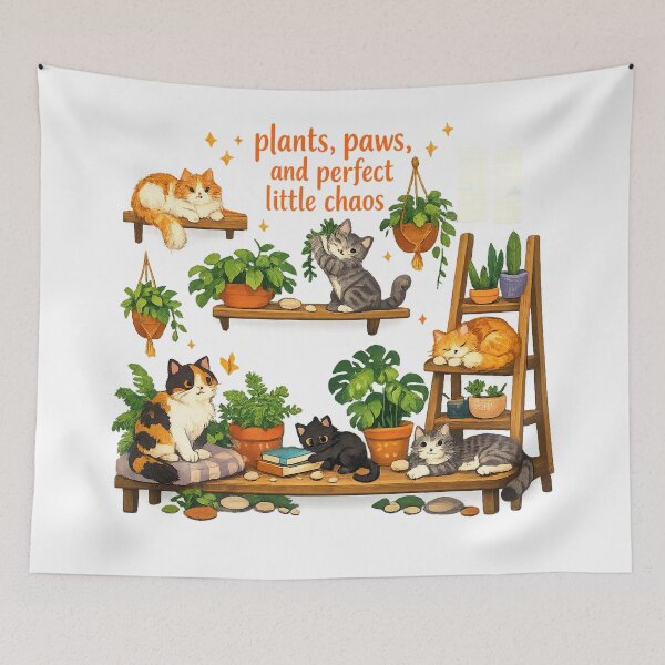 Item preview, Plants Paws and Perfect Little Chaos Cute Cats Houseplants Cottagecore Art designed and sold by inkoutninja.