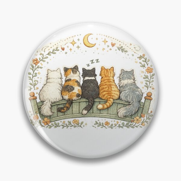 Item preview, Five Cats Under the Moon Cottagecore Cat Friendship Floral Art designed and sold by inkoutninja.