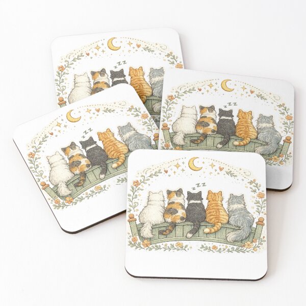 Item preview, Five Cats Under the Moon Cottagecore Cat Friendship Floral Art designed and sold by inkoutninja.