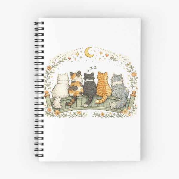 Item preview, Five Cats Under the Moon Cottagecore Cat Friendship Floral Art designed and sold by inkoutninja.