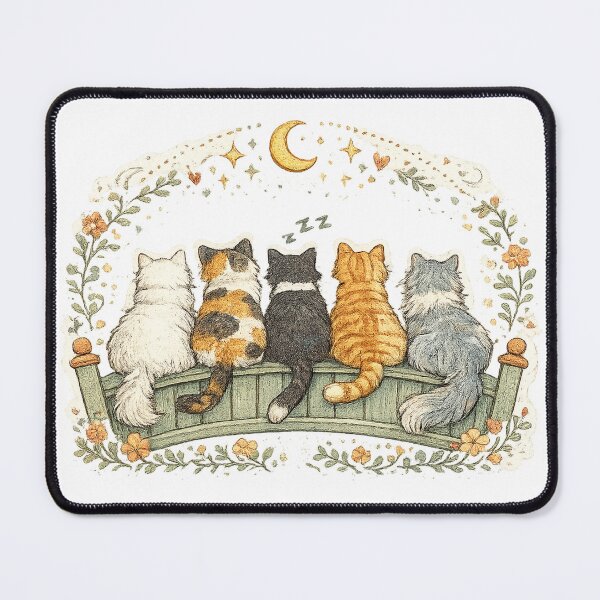 Item preview, Five Cats Under the Moon Cottagecore Cat Friendship Floral Art designed and sold by inkoutninja.