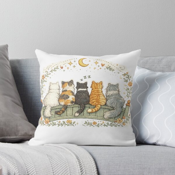 Item preview, Five Cats Under the Moon Cottagecore Cat Friendship Floral Art designed and sold by inkoutninja.