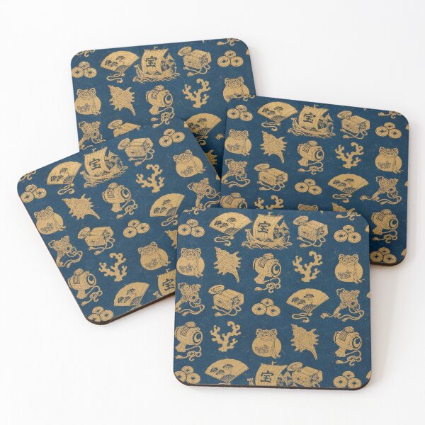Item preview, Traditional Japanese Treasure Pattern Gold Lucky Symbols on Indigo Blue designed and sold by vekotpu.