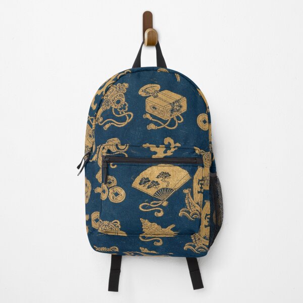 Item preview, Traditional Japanese Treasure Pattern Gold Lucky Symbols on Indigo Blue designed and sold by vekotpu.