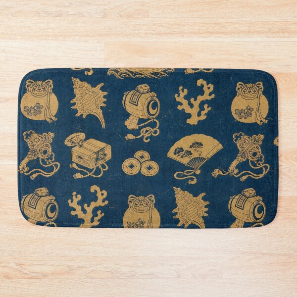 Item preview, Traditional Japanese Treasure Pattern Gold Lucky Symbols on Indigo Blue designed and sold by vekotpu.