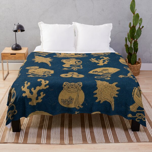 Item preview, Traditional Japanese Treasure Pattern Gold Lucky Symbols on Indigo Blue designed and sold by vekotpu.