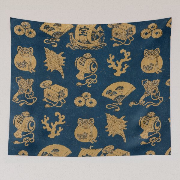 Item preview, Traditional Japanese Treasure Pattern Gold Lucky Symbols on Indigo Blue designed and sold by vekotpu.