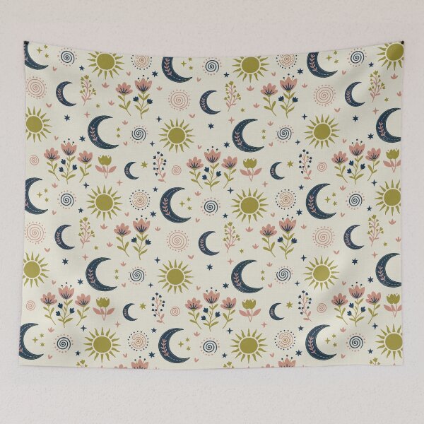 Item preview, Mystic Moons and Suns with Wildflowers in Cream and Blue designed and sold by Pattique.