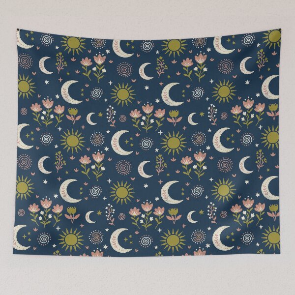 Item preview, Mystic Moons and Suns with Wildflowers in Night Blue designed and sold by Pattique.