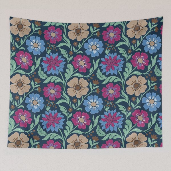 Item preview, Retro Cosmic Flowers in Navy Blue and Fuchsia designed and sold by Pattique.