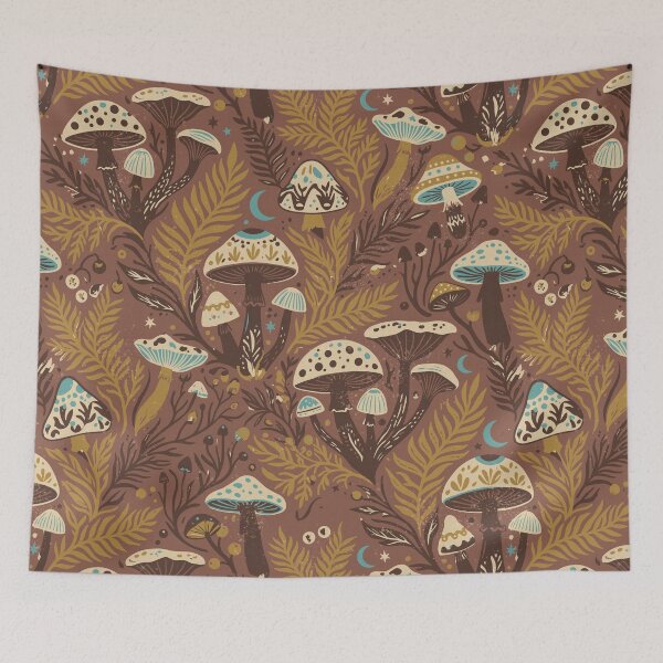 Item preview, Mystic Mushrooms and Ochre Ferns in the Retro Night designed and sold by Pattique.