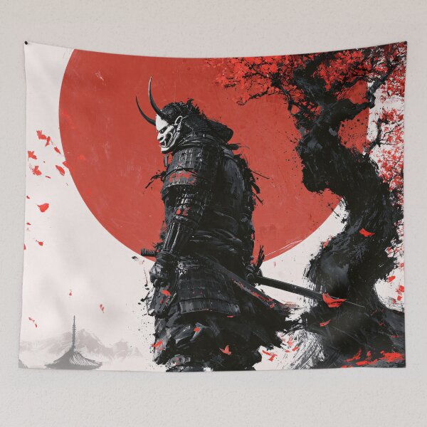 Item preview, Samurai Warrior Oni Demon Mask Red Sun Sakura Branches Art designed and sold by GrinGalore.