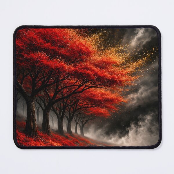 Item preview, Fiery Red Forest Under Storm Clouds – Dark Fantasy Autumn Landscape Art Print designed and sold by Kaleidoscope Print.