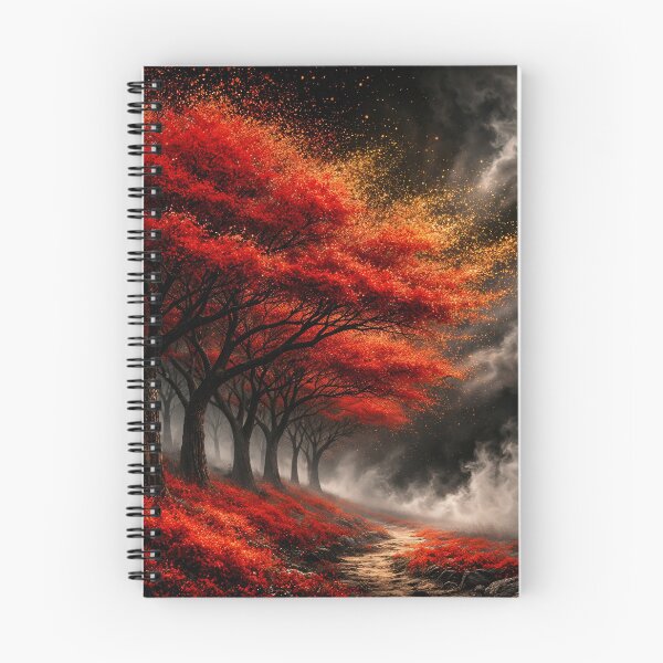Item preview, Fiery Red Forest Under Storm Clouds – Dark Fantasy Autumn Landscape Art Print designed and sold by Kaleidoscope Print.