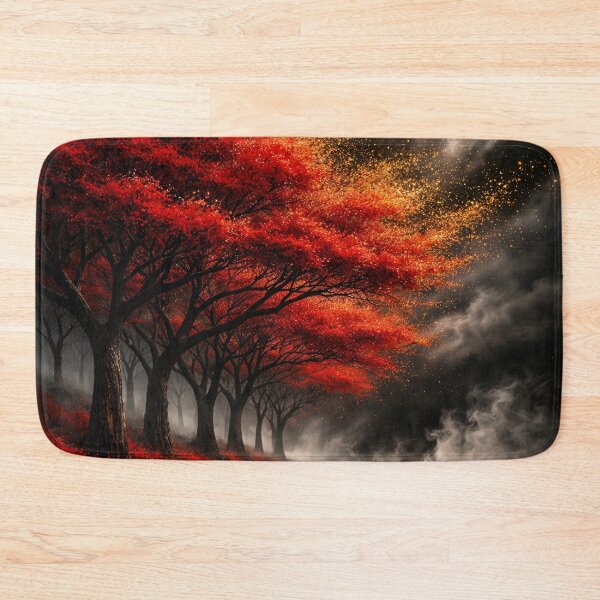 Item preview, Fiery Red Forest Under Storm Clouds – Dark Fantasy Autumn Landscape Art Print designed and sold by Kaleidoscope Print.