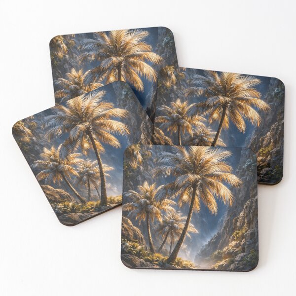 Item preview, Golden Palm Trees in Tropical Canyon – Exotic Fantasy Nature Landscape Art Print designed and sold by Kaleidoscope Print.