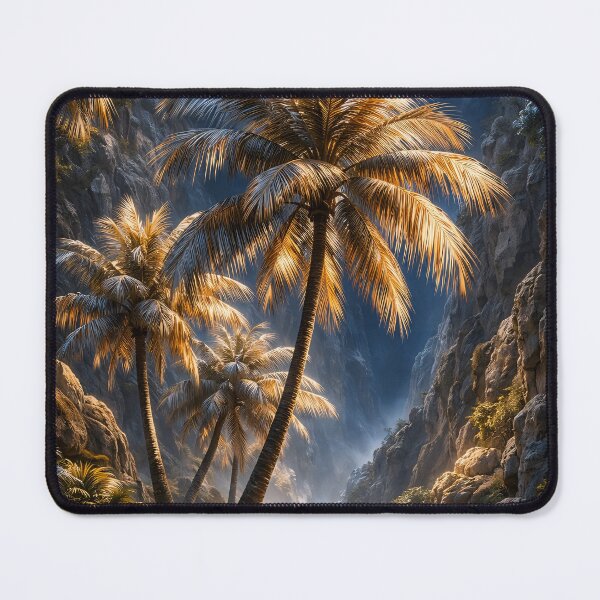 Item preview, Golden Palm Trees in Tropical Canyon – Exotic Fantasy Nature Landscape Art Print designed and sold by Kaleidoscope Print.