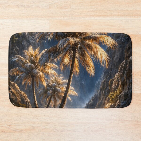 Item preview, Golden Palm Trees in Tropical Canyon – Exotic Fantasy Nature Landscape Art Print designed and sold by Kaleidoscope Print.