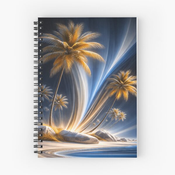 Item preview, Golden Palm Trees with Blue Light Trails – Futuristic Tropical Beach Fantasy Art Print designed and sold by Kaleidoscope Print.