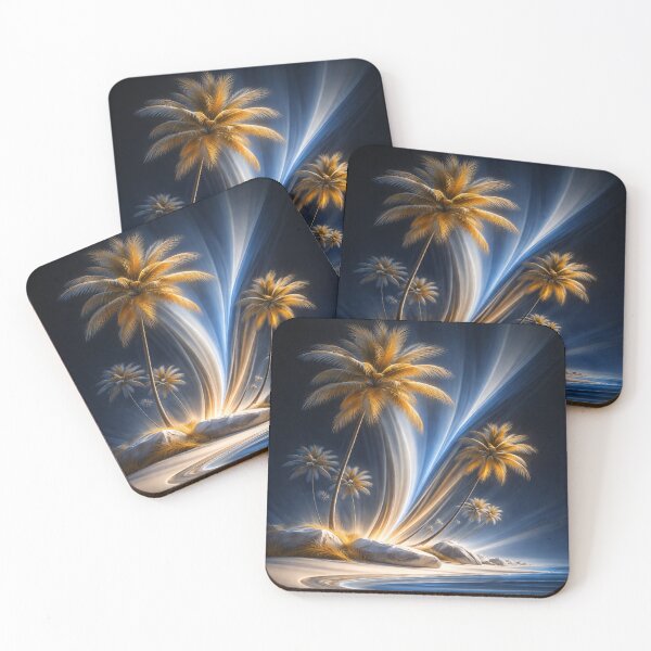 Item preview, Golden Palm Trees with Blue Light Trails – Futuristic Tropical Beach Fantasy Art Print designed and sold by Kaleidoscope Print.