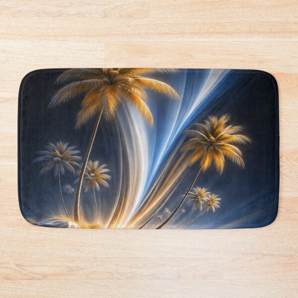 Item preview, Golden Palm Trees with Blue Light Trails – Futuristic Tropical Beach Fantasy Art Print designed and sold by Kaleidoscope Print.