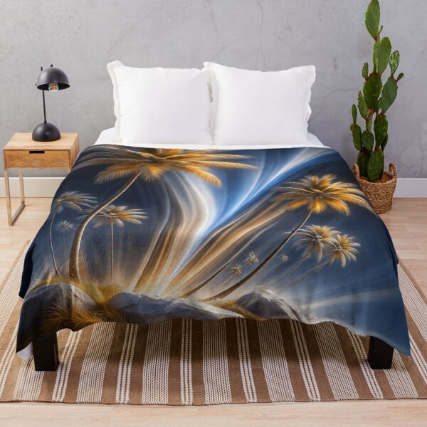 Item preview, Golden Palm Trees with Blue Light Trails – Futuristic Tropical Beach Fantasy Art Print designed and sold by Kaleidoscope Print.