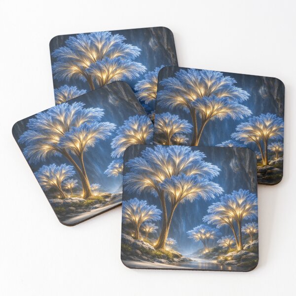 Item preview, Glowing Blue and Gold Fantasy Trees – Enchanted Night Forest Art Print designed and sold by Kaleidoscope Print.