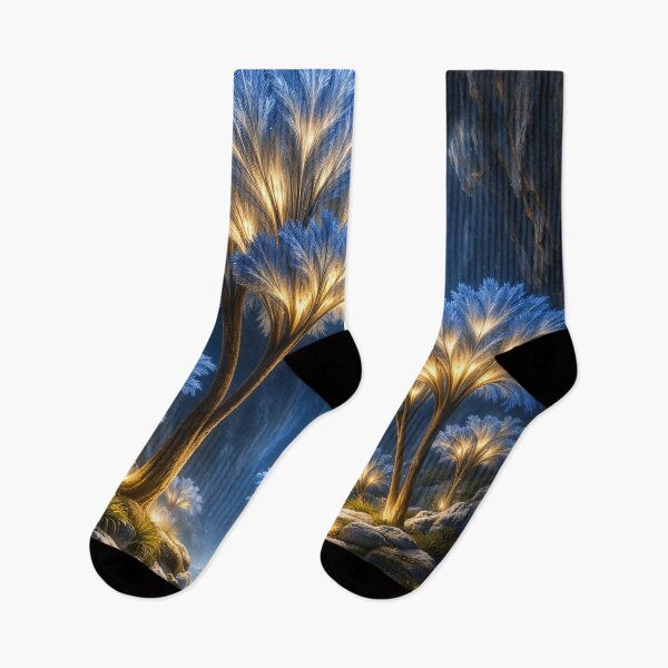 Item preview, Glowing Blue and Gold Fantasy Trees – Enchanted Night Forest Art Print designed and sold by Kaleidoscope Print.