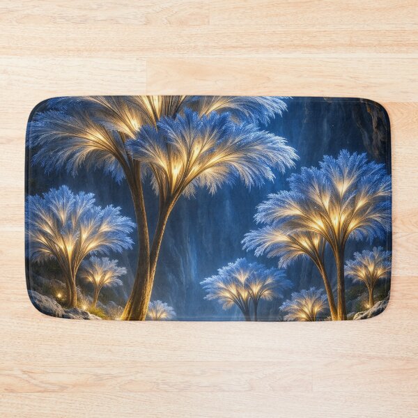 Item preview, Glowing Blue and Gold Fantasy Trees – Enchanted Night Forest Art Print designed and sold by Kaleidoscope Print.