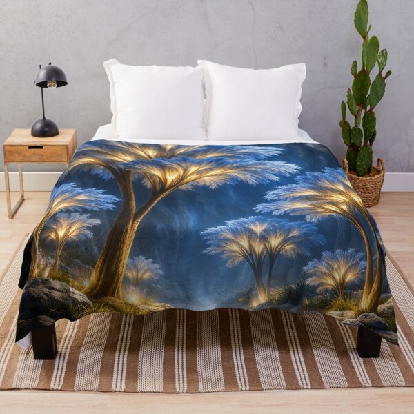 Item preview, Glowing Blue and Gold Fantasy Trees – Enchanted Night Forest Art Print designed and sold by Kaleidoscope Print.