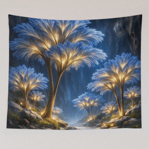 Item preview, Glowing Blue and Gold Fantasy Trees – Enchanted Night Forest Art Print designed and sold by Kaleidoscope Print.