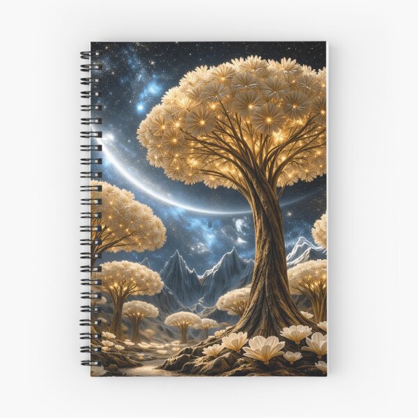 Item preview, Golden Flower Trees Under Cosmic Sky – Enchanted Celestial Fantasy Landscape Art Print designed and sold by Kaleidoscope Print.
