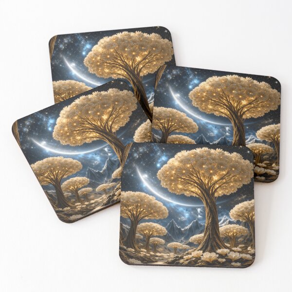 Item preview, Golden Flower Trees Under Cosmic Sky – Enchanted Celestial Fantasy Landscape Art Print designed and sold by Kaleidoscope Print.
