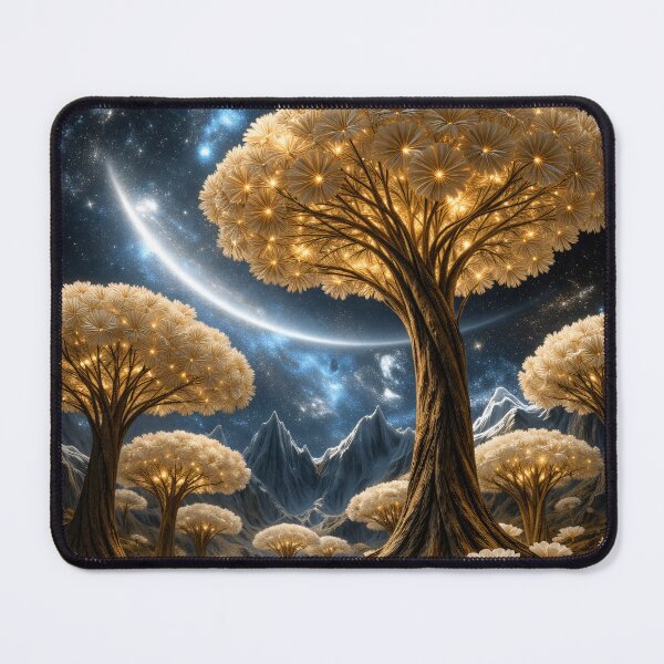 Item preview, Golden Flower Trees Under Cosmic Sky – Enchanted Celestial Fantasy Landscape Art Print designed and sold by Kaleidoscope Print.