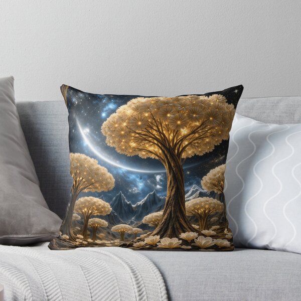 Item preview, Golden Flower Trees Under Cosmic Sky – Enchanted Celestial Fantasy Landscape Art Print designed and sold by Kaleidoscope Print.