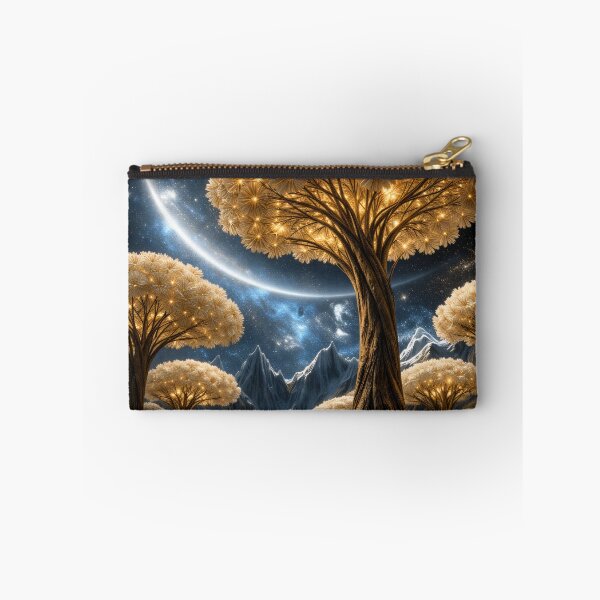 Item preview, Golden Flower Trees Under Cosmic Sky – Enchanted Celestial Fantasy Landscape Art Print designed and sold by Kaleidoscope Print.