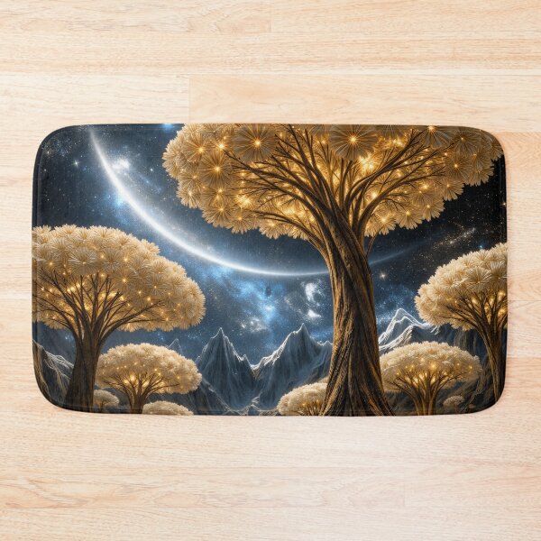 Item preview, Golden Flower Trees Under Cosmic Sky – Enchanted Celestial Fantasy Landscape Art Print designed and sold by Kaleidoscope Print.
