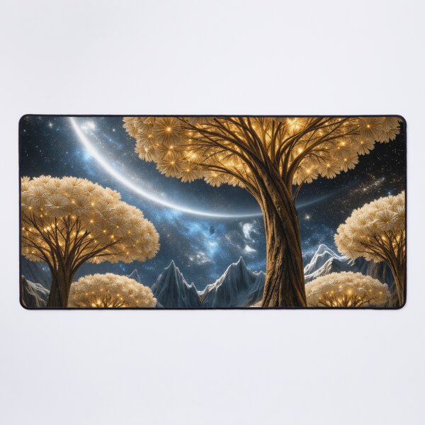 Item preview, Golden Flower Trees Under Cosmic Sky – Enchanted Celestial Fantasy Landscape Art Print designed and sold by Kaleidoscope Print.