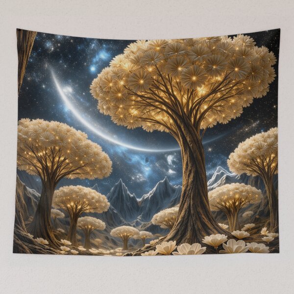 Item preview, Golden Flower Trees Under Cosmic Sky – Enchanted Celestial Fantasy Landscape Art Print designed and sold by Kaleidoscope Print.