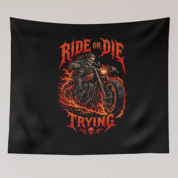 Item preview, Ride Or Die Trying Fierce Biker Skeleton Fire Motorcycle Halloween designed and sold by eNtyshop23.