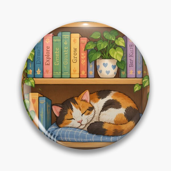 Item preview, Cozy Bookshelf Cat Sticker – Calico Cat Reading Nook with Plants designed and sold by JAY187VK.