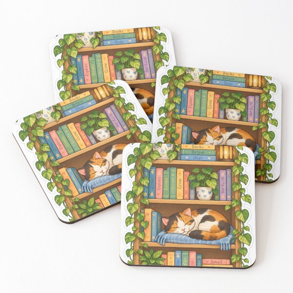 Item preview, Cozy Bookshelf Cat Sticker – Calico Cat Reading Nook with Plants designed and sold by JAY187VK.