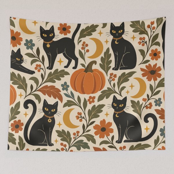 Item preview, Vintage Black Cat Halloween Floral Pattern designed and sold by ArtByBoya.