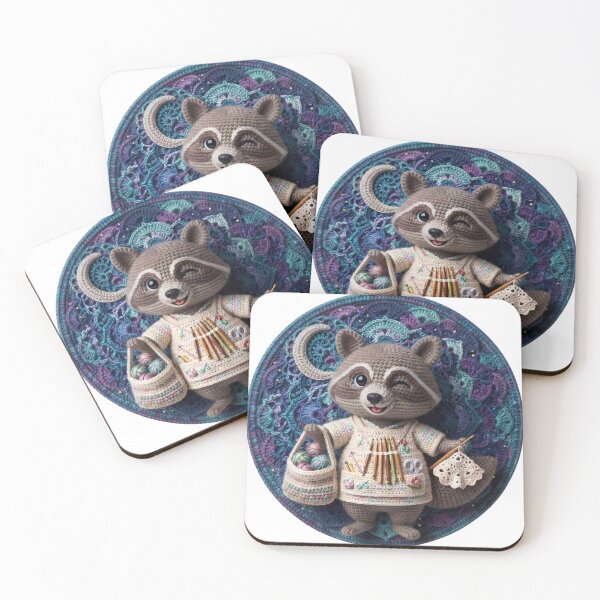 Item preview, Amigurumi Raccoon Crocheter Art Piece with Detailed Mandala Background designed and sold by BS Creations.