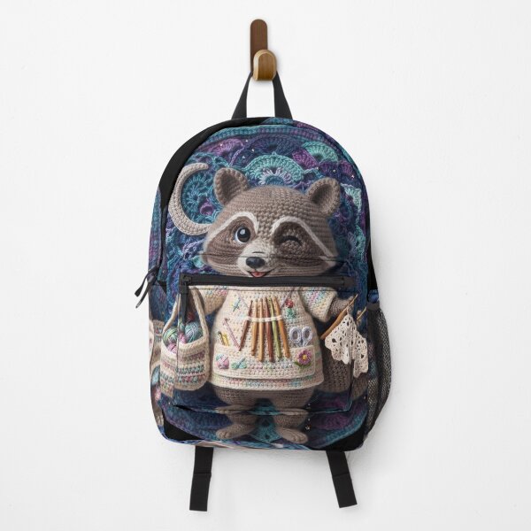 Item preview, Amigurumi Raccoon Crocheter Art Piece with Detailed Mandala Background designed and sold by BS Creations.