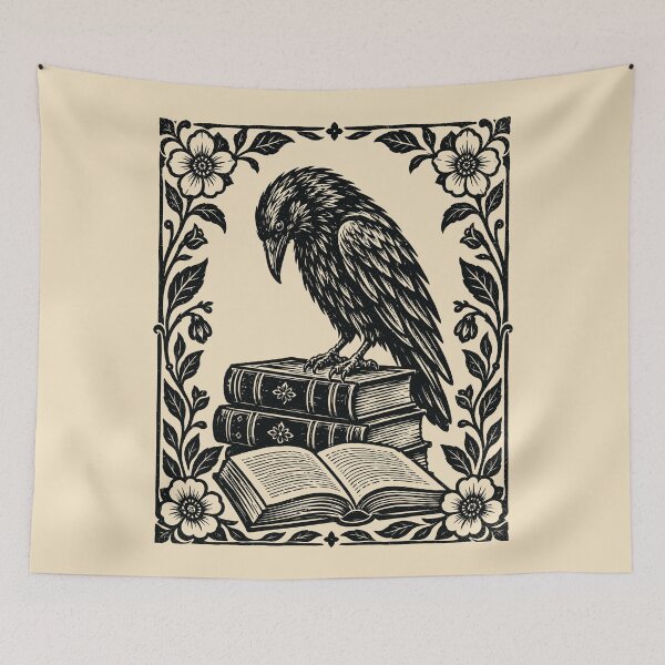 Item preview, Linocut Raven & Books Floral Book Lover Bookworm designed and sold by Y-Vibes.