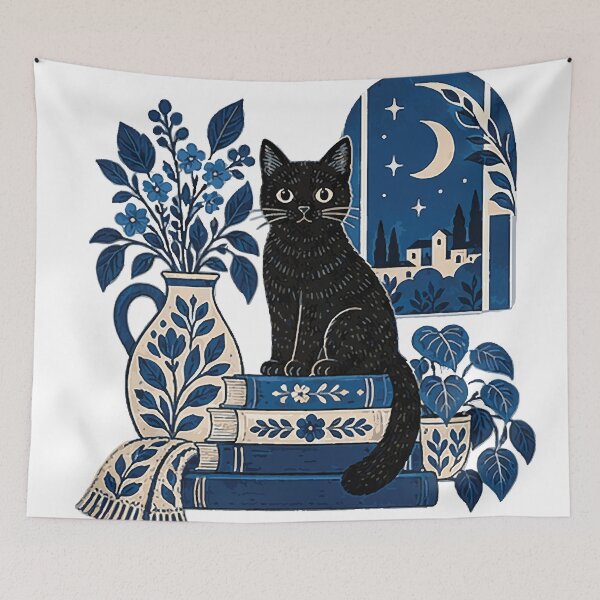 Item preview, Black Cat Moonlit Window Illustration designed and sold by Gold Turtle  Lina.