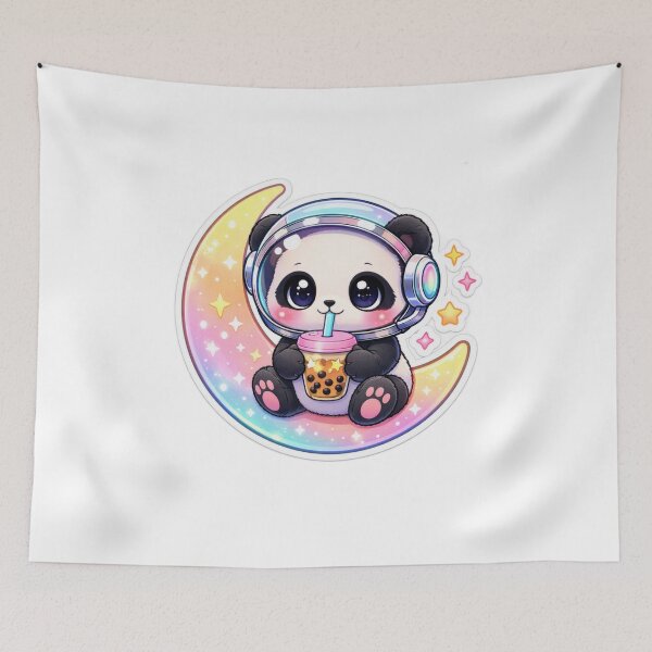 Item preview, Kawaii Astronaut Panda Drinking Boba Tea on Crescent Moon Sticker designed and sold by CyberPaws Art.
