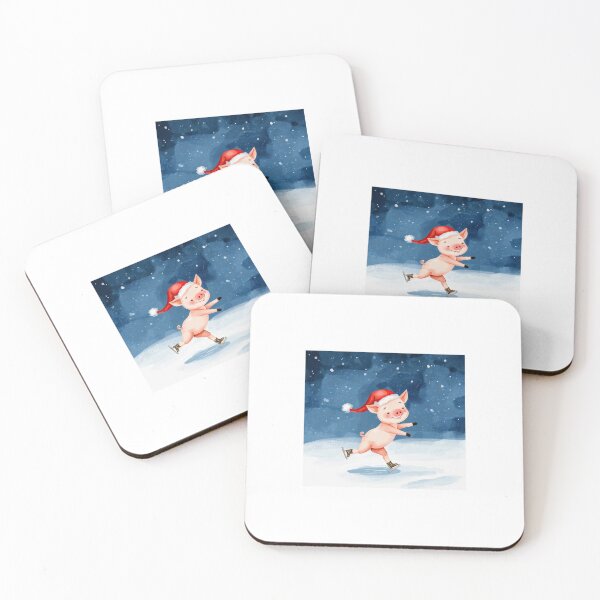 Item preview, Cute Pig Ice Skating with Santa Hat – Christmas Watercolor Illustration designed and sold by mayatA-rt.