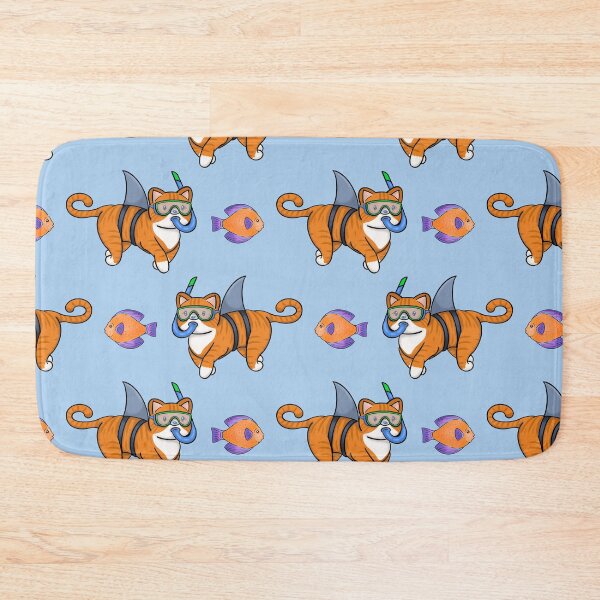 Item preview, Orange Ginger Shark Cat and Fish Repeat Print designed and sold by ClarissaDoodles.